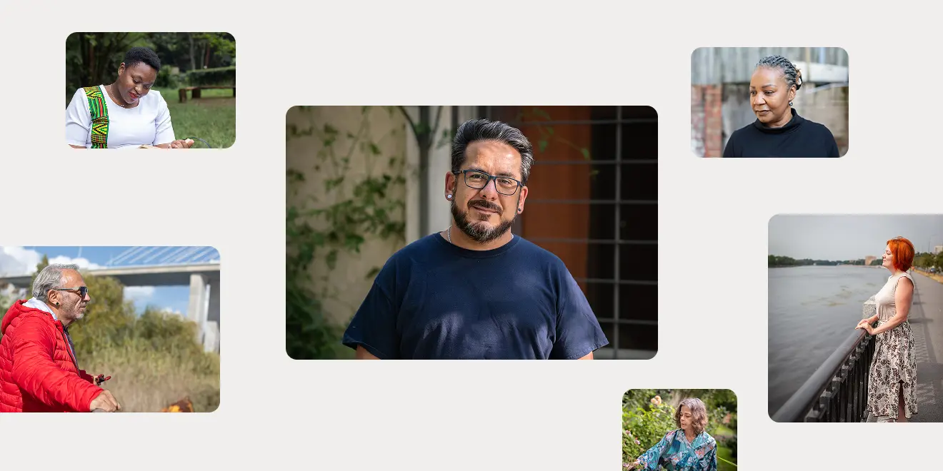 A montage of people against a grey backdrop