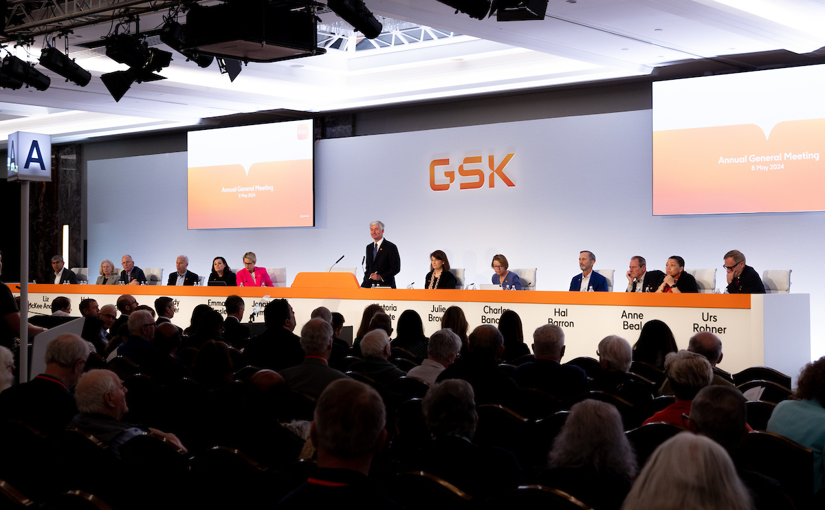 GSK 2024 AGM, Chair Jon Symonds speaks at podium