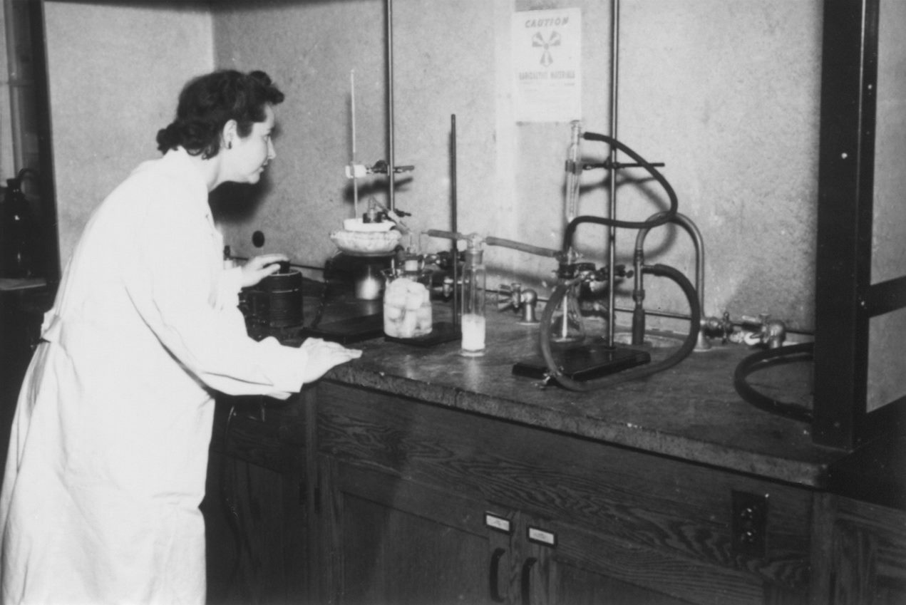 Gertrude Elion preparing one of the leukaemia drugs, c.1952