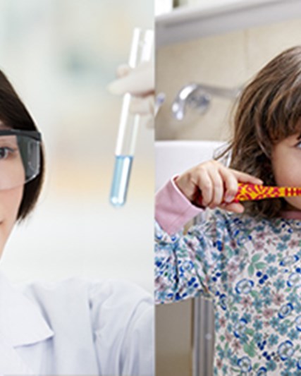 scientist and kid brushing her teeth
