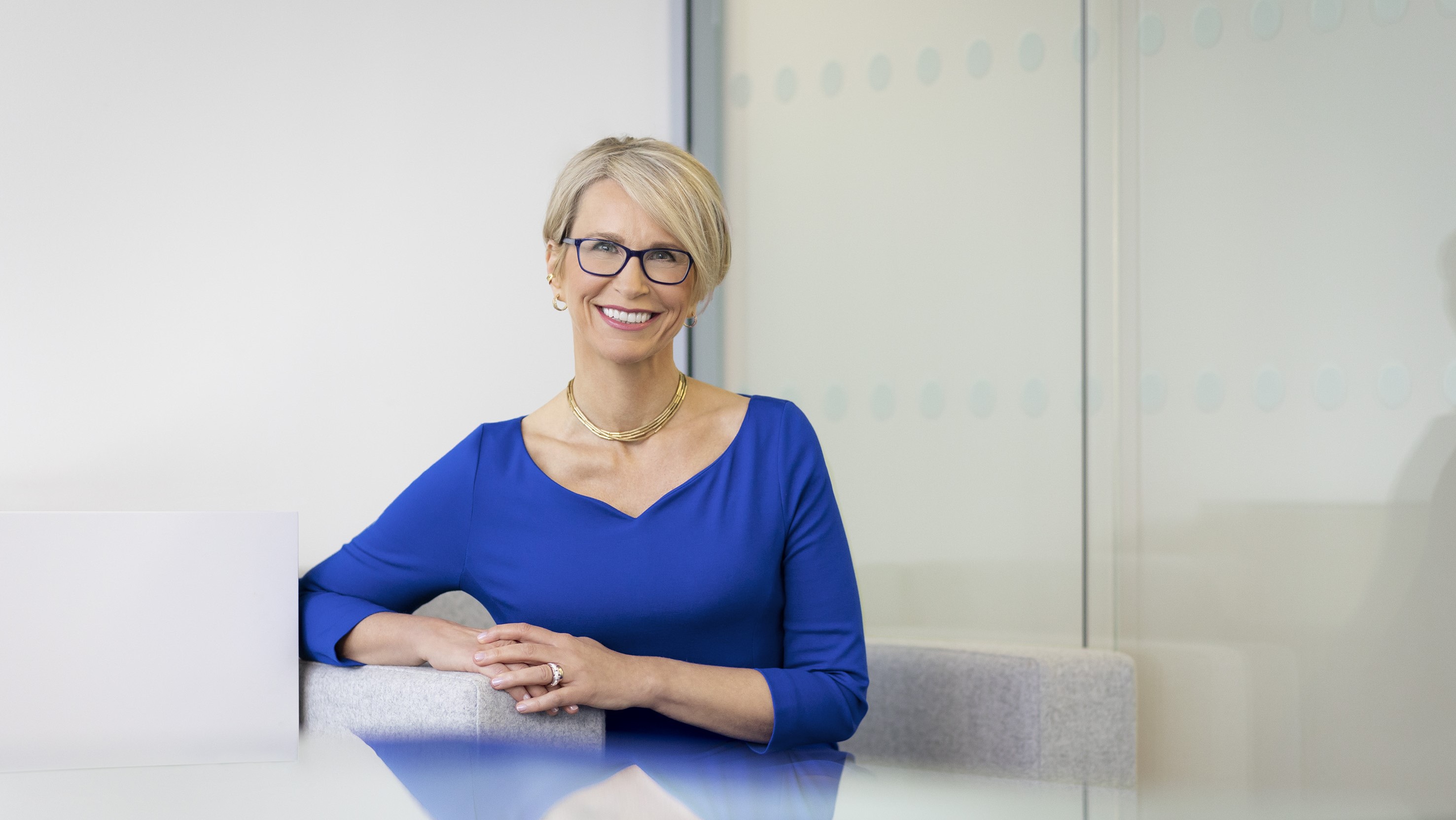 Emma Walmsley in a blue dress 