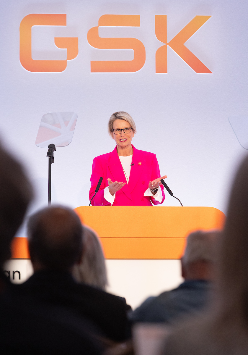 GSK CEO Emma Walmsley speaks at podium during 2024 AGM