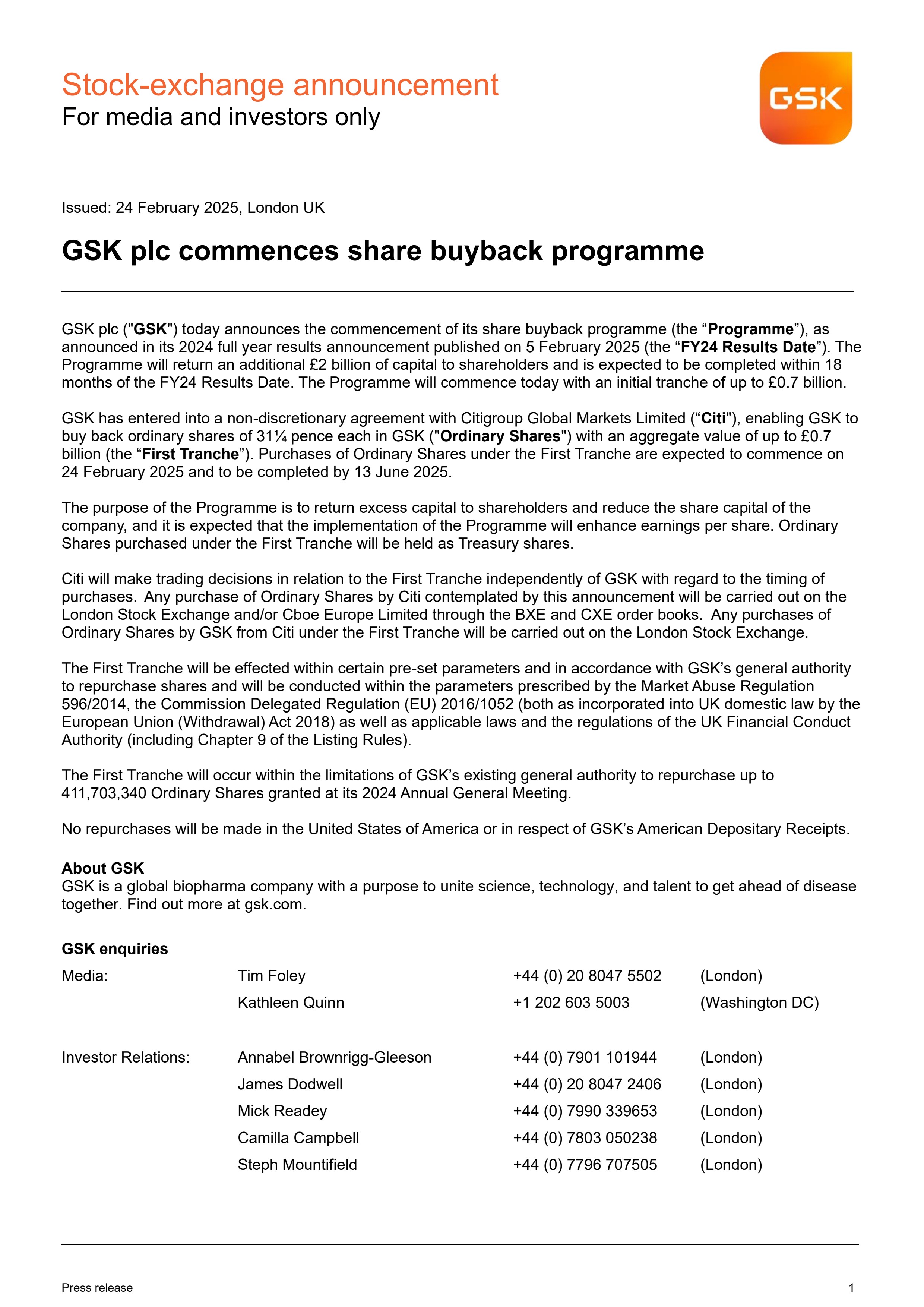 GSK Plc Commences Share Buyback Programme PR