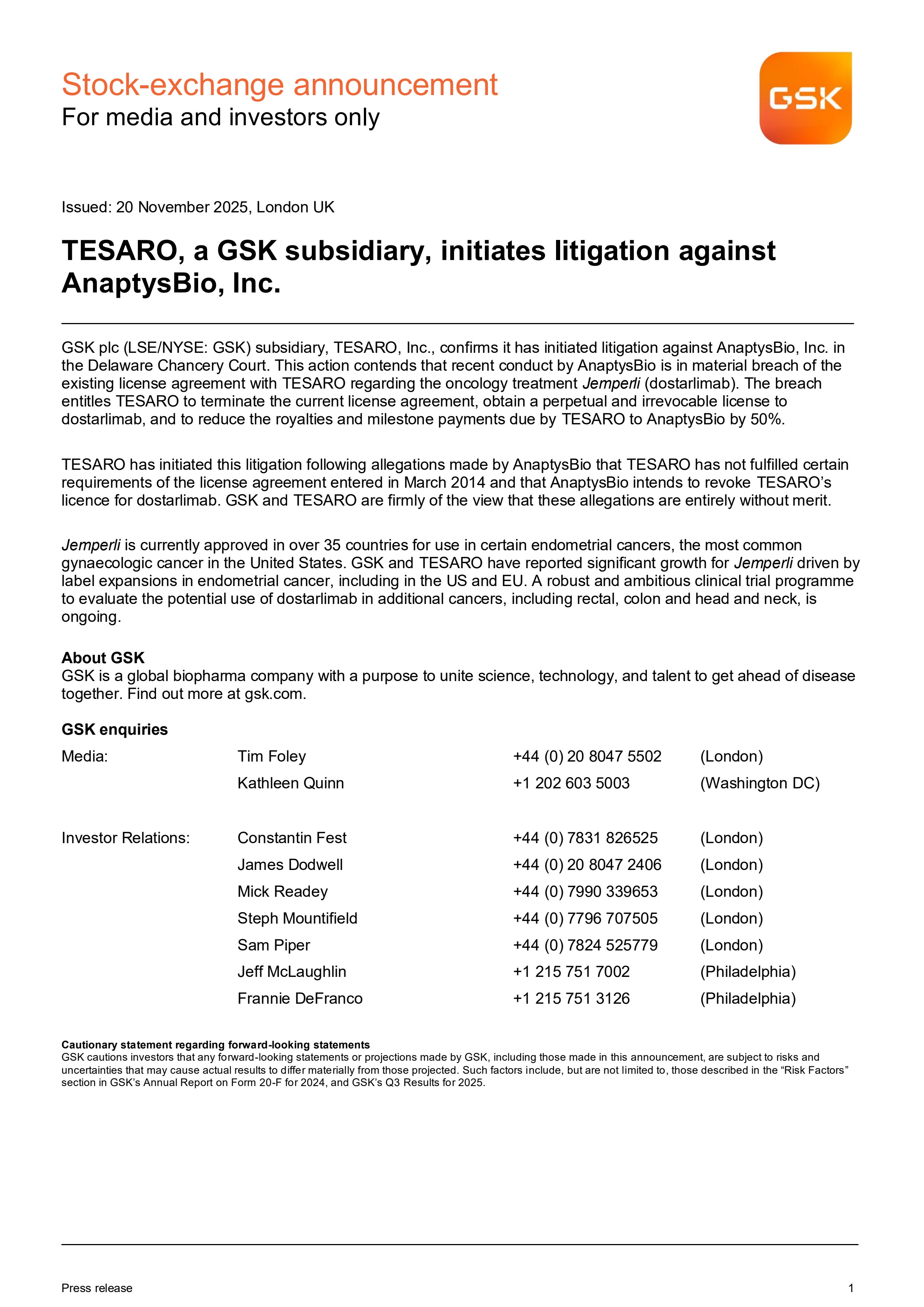 Press Release TESARO Initiates Litigation 20 Nov 2025