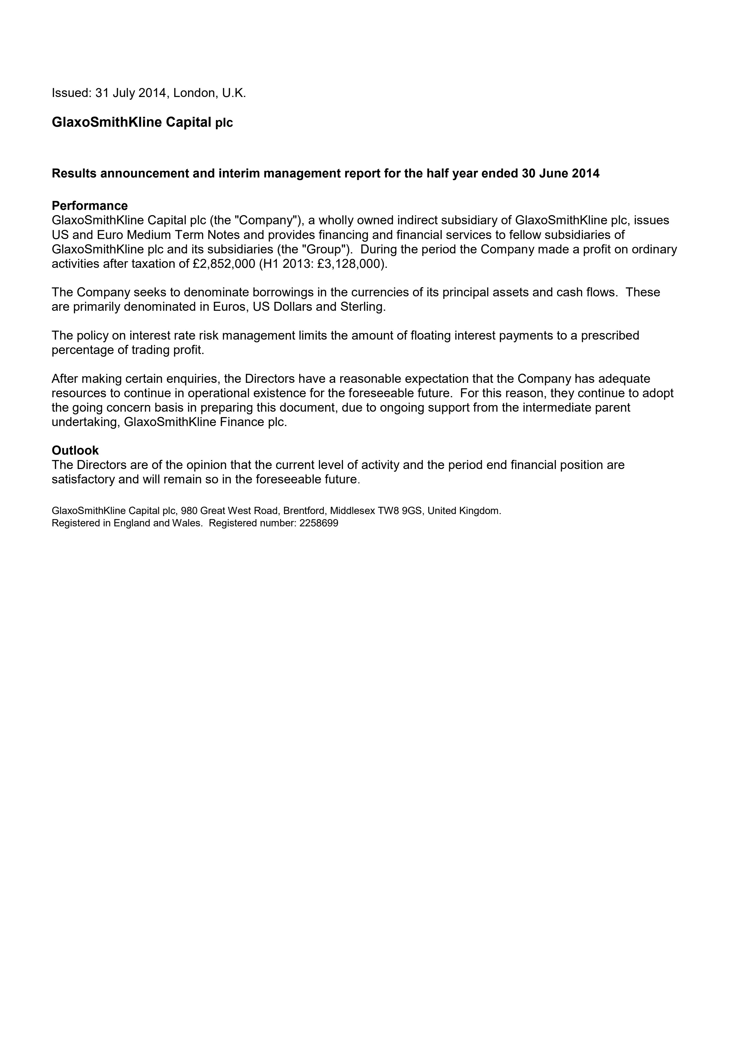 Half Year Results Glaxosmithkline Capital Plc 2014