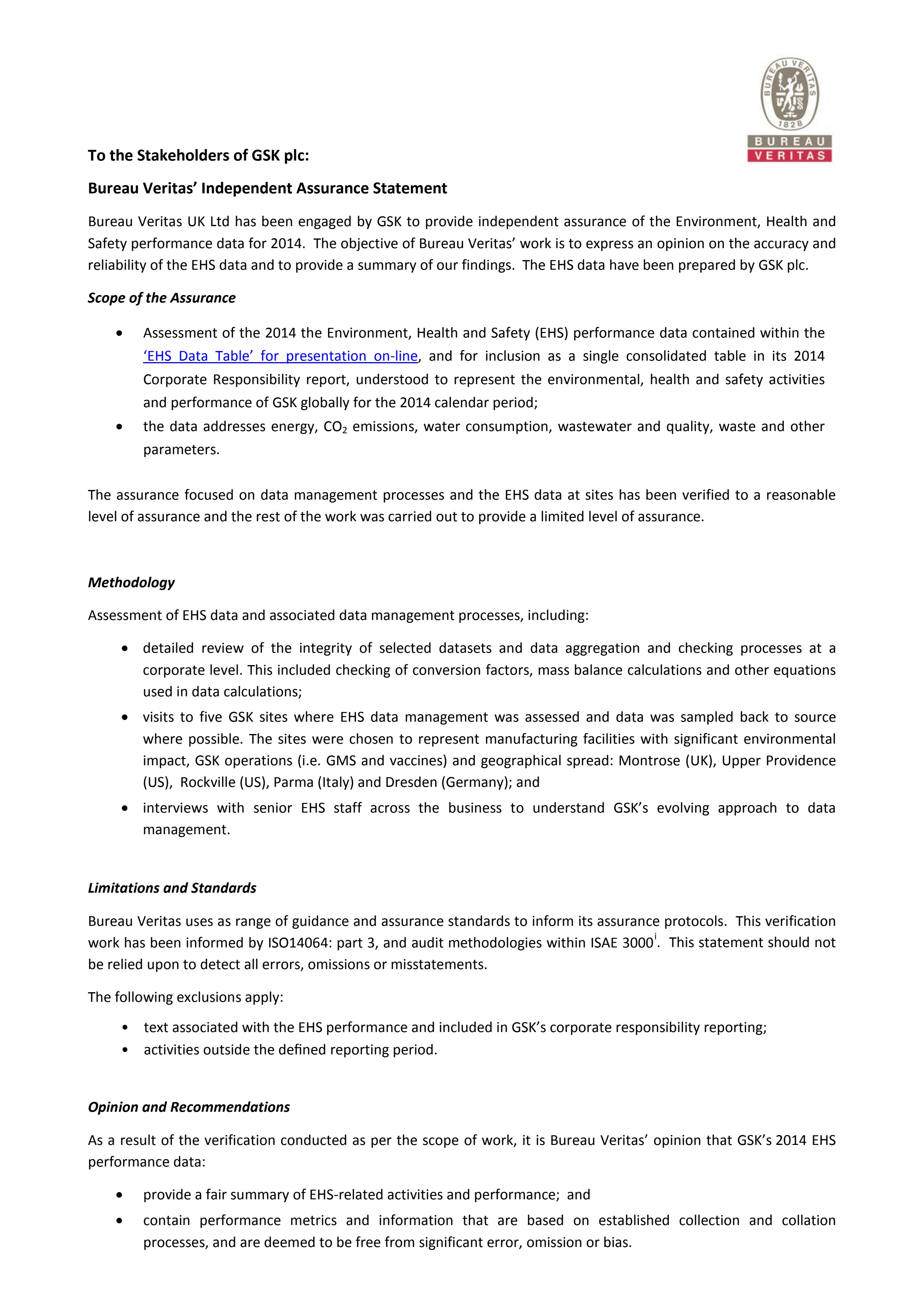 Assurance Statement 2014