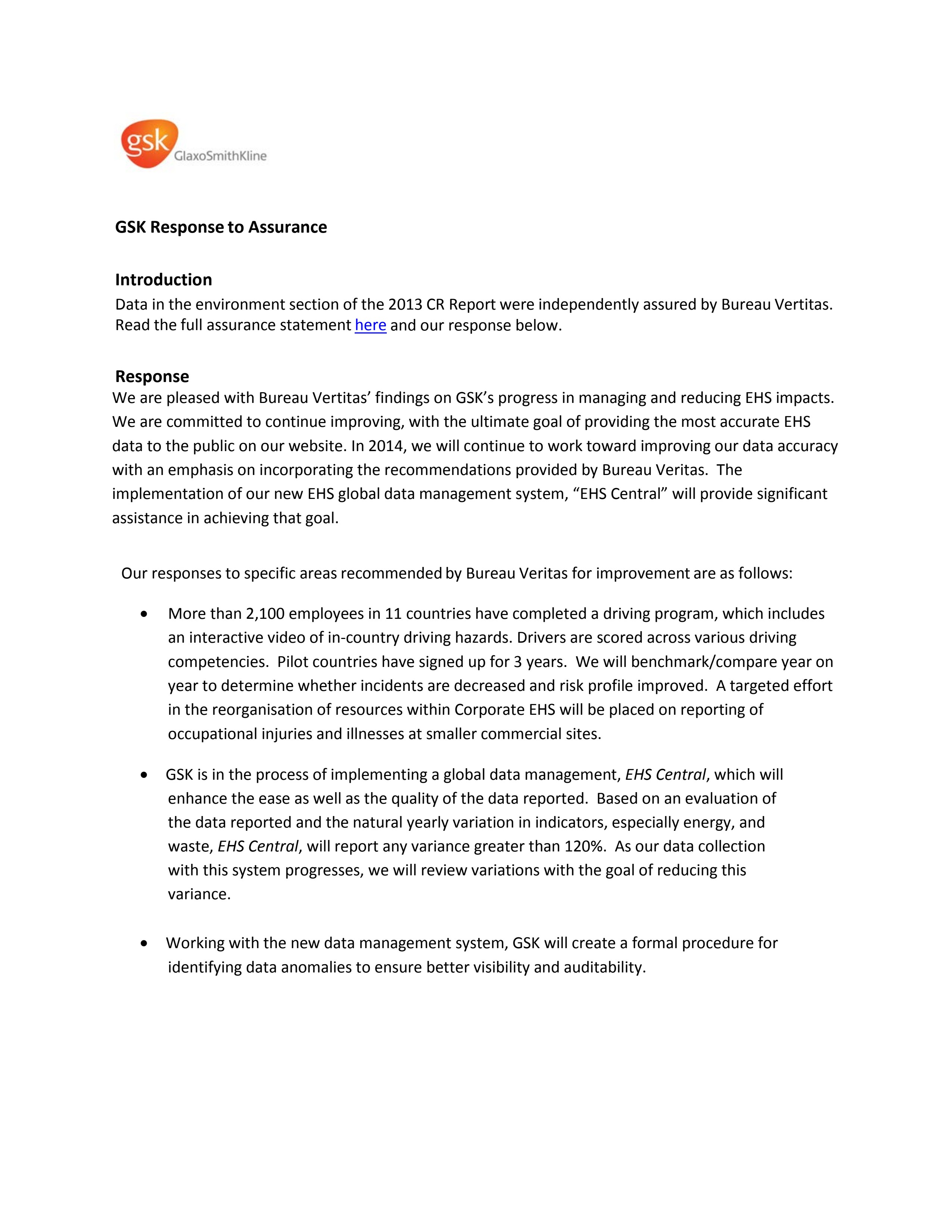 GSK response to assurance 2013