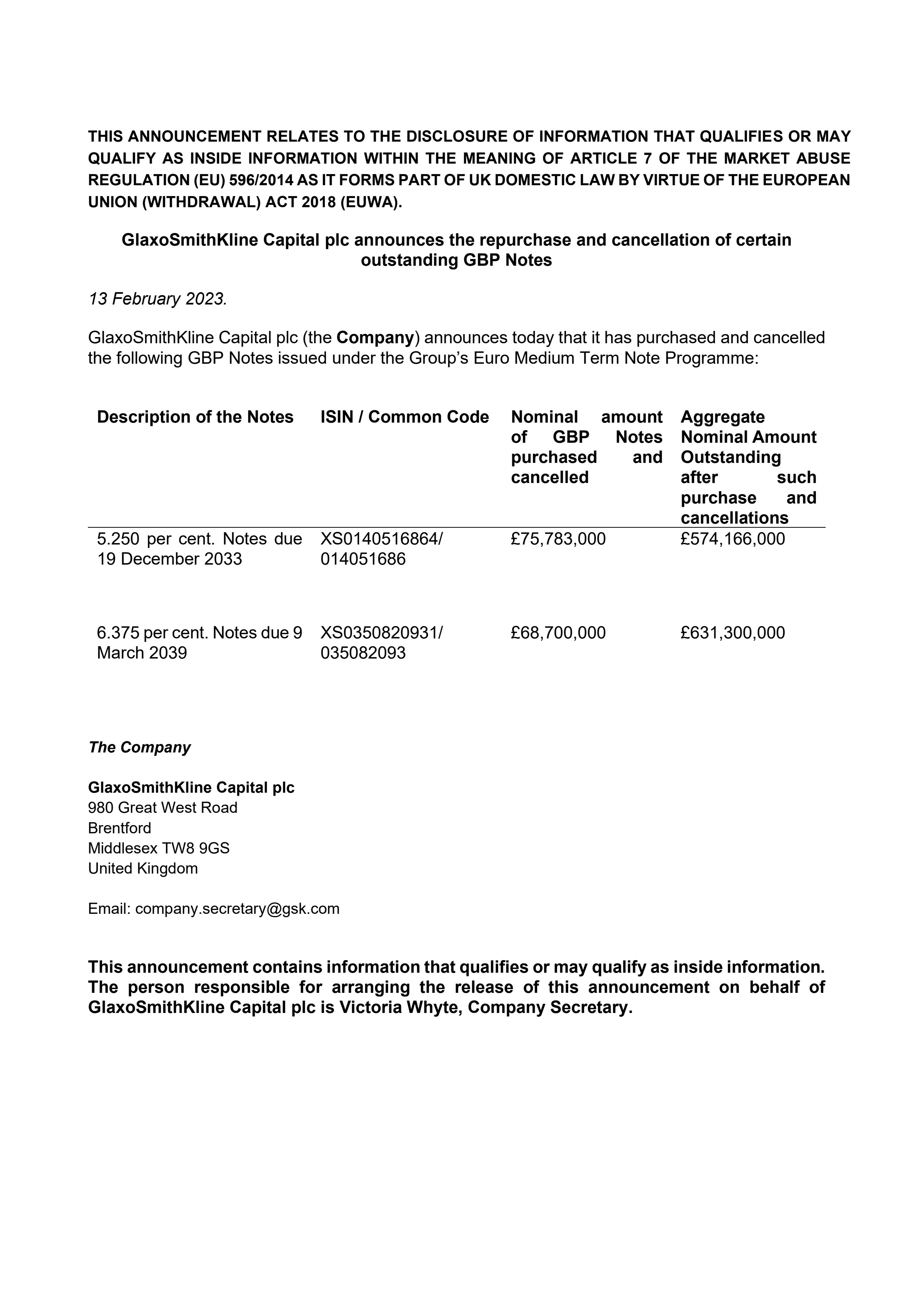 GlaxoSmithKline Capital plc – EMTN Notes Repurchase Results
