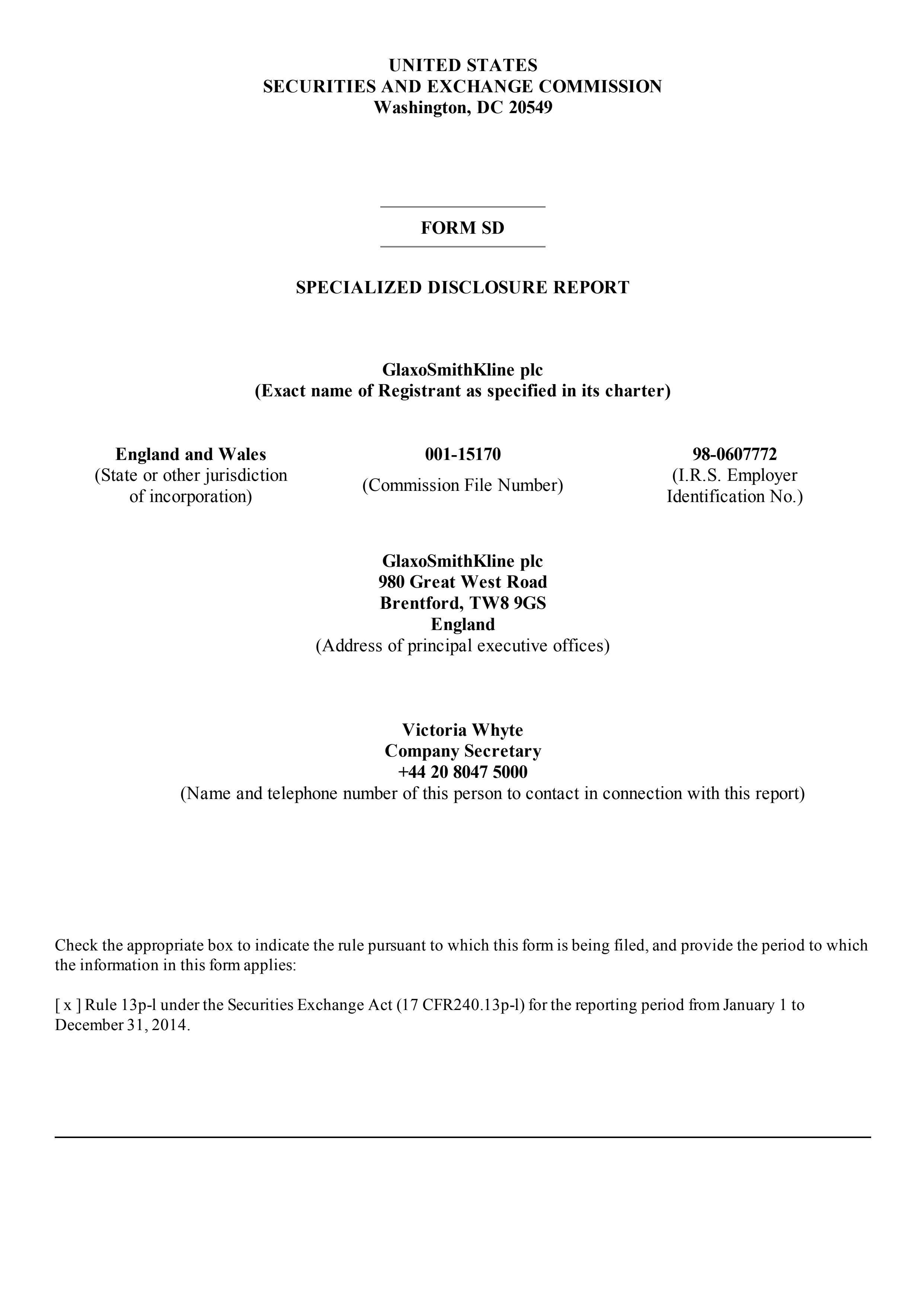Glaxosmithkline Plc 2014 Form Sd Conflict Minerals Disclosure