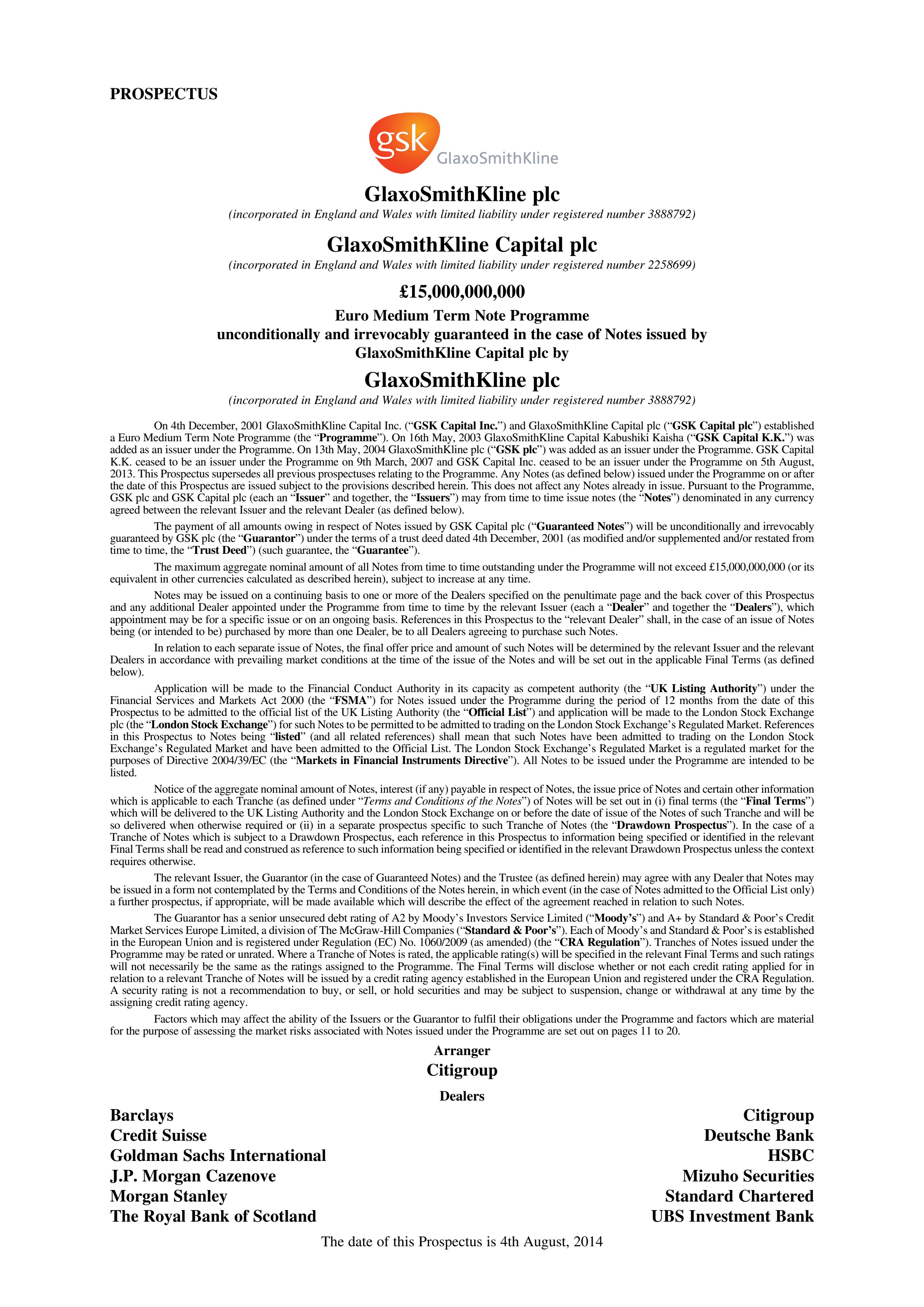 Glaxosmithkline Euro Medium Term Note Programme Prospectus Document 2014