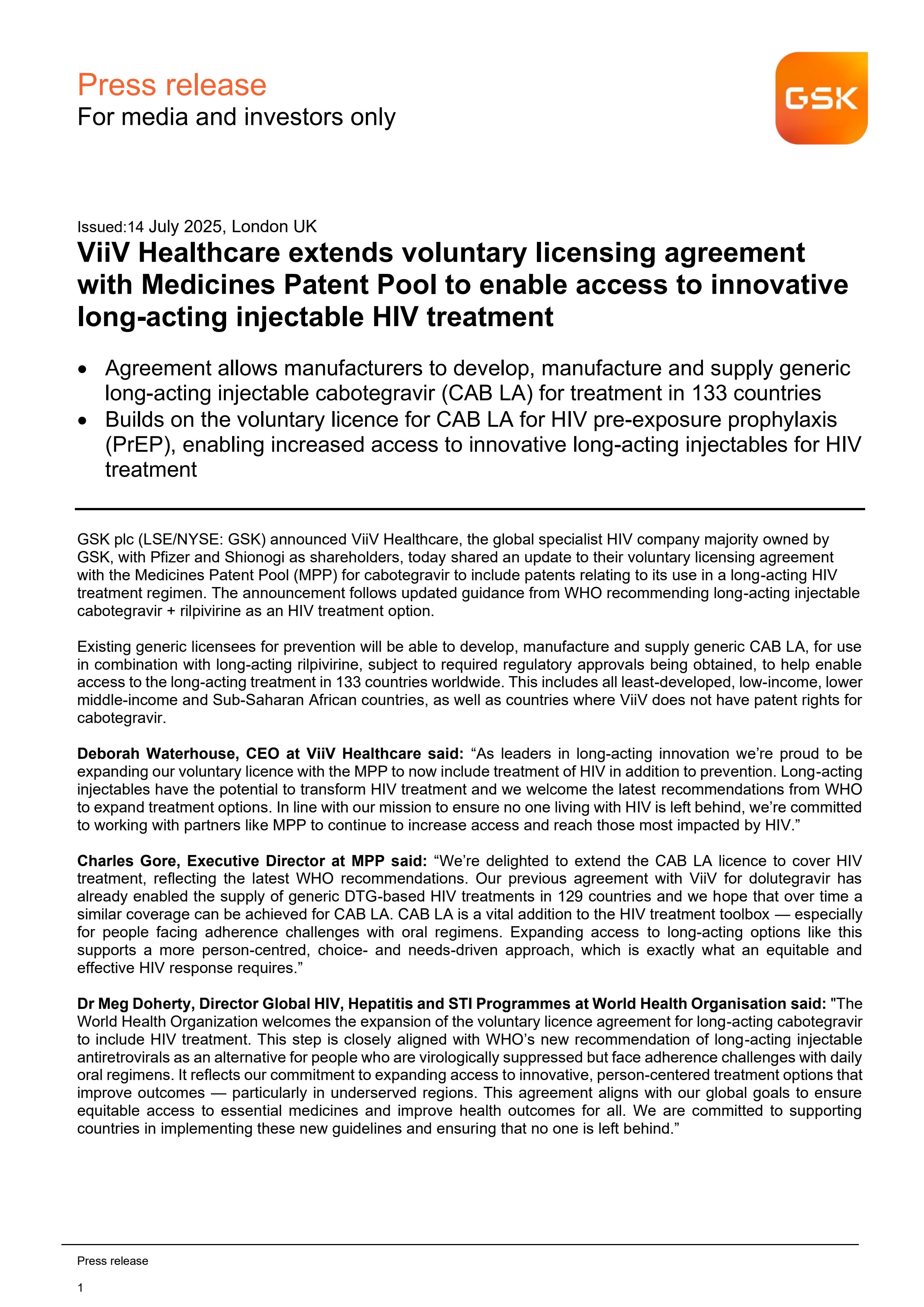 Press Release Viiv Healthcare Extends Voluntary Licensing Agreement With Medicines Patent Pool To Enable Access To Innovative Long Acting Injectable HIV Treatment
