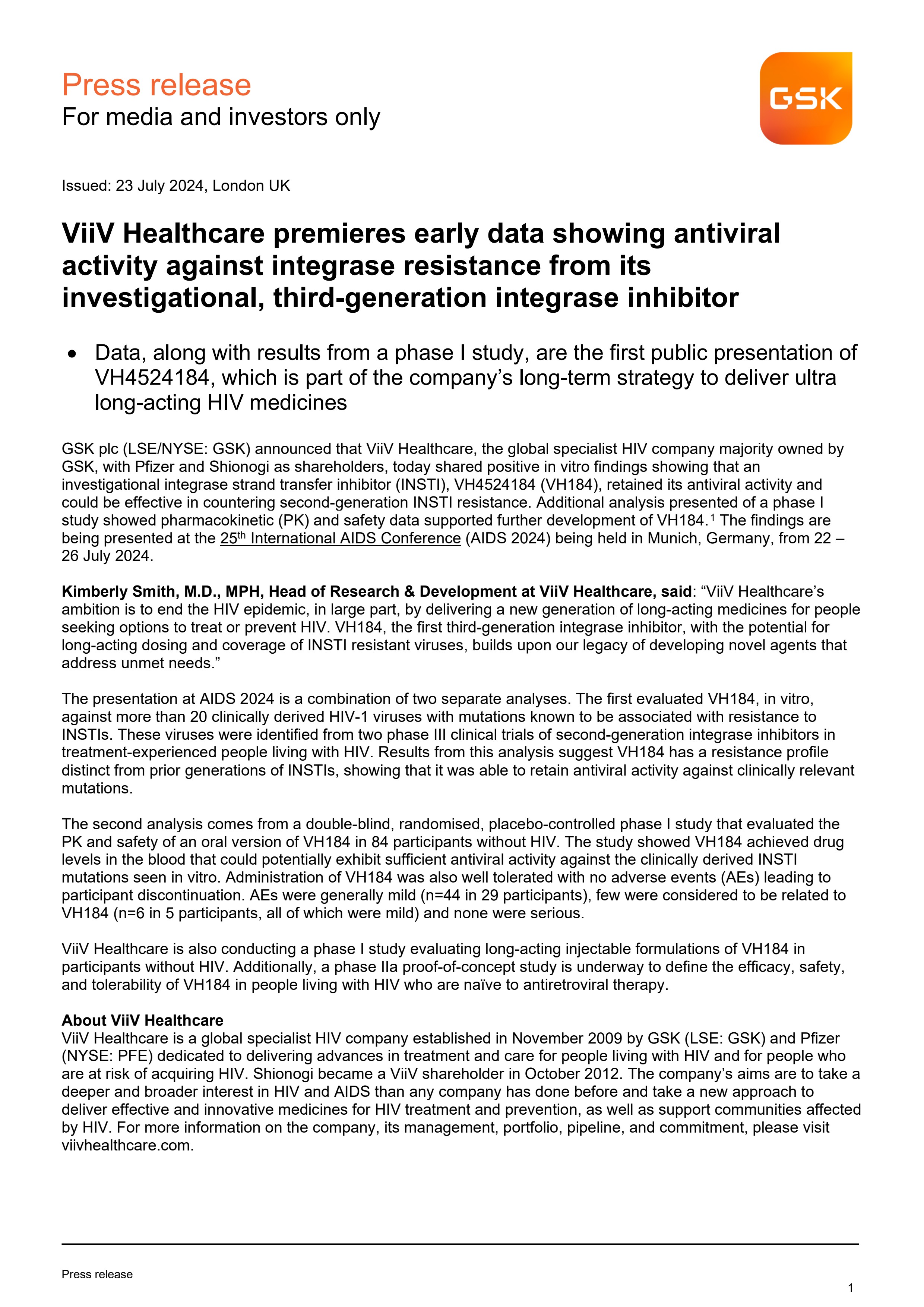 Press Release AIDS 2024 VH184