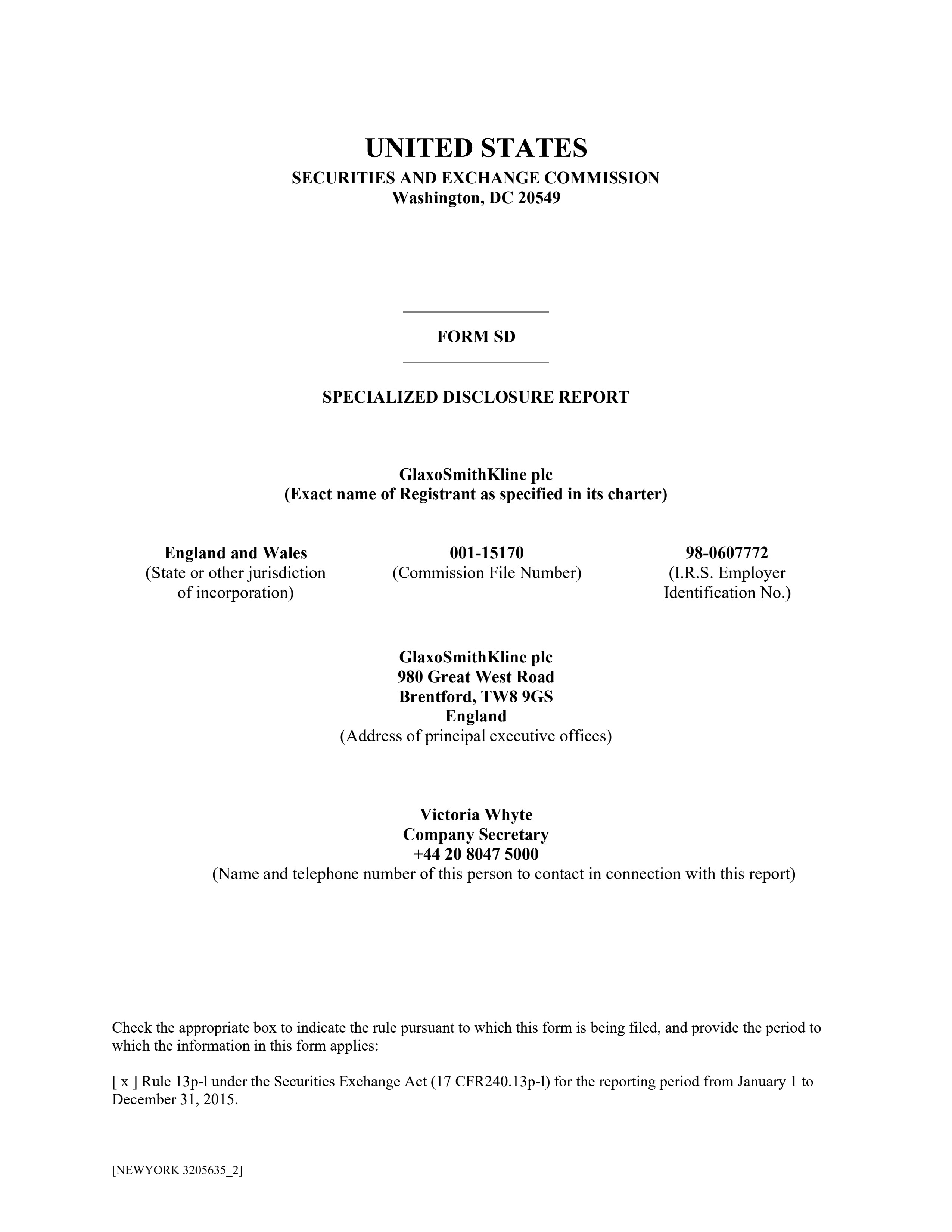 Glaxosmithkline 2015 Form Sd Conflicts Minerals Disclosure