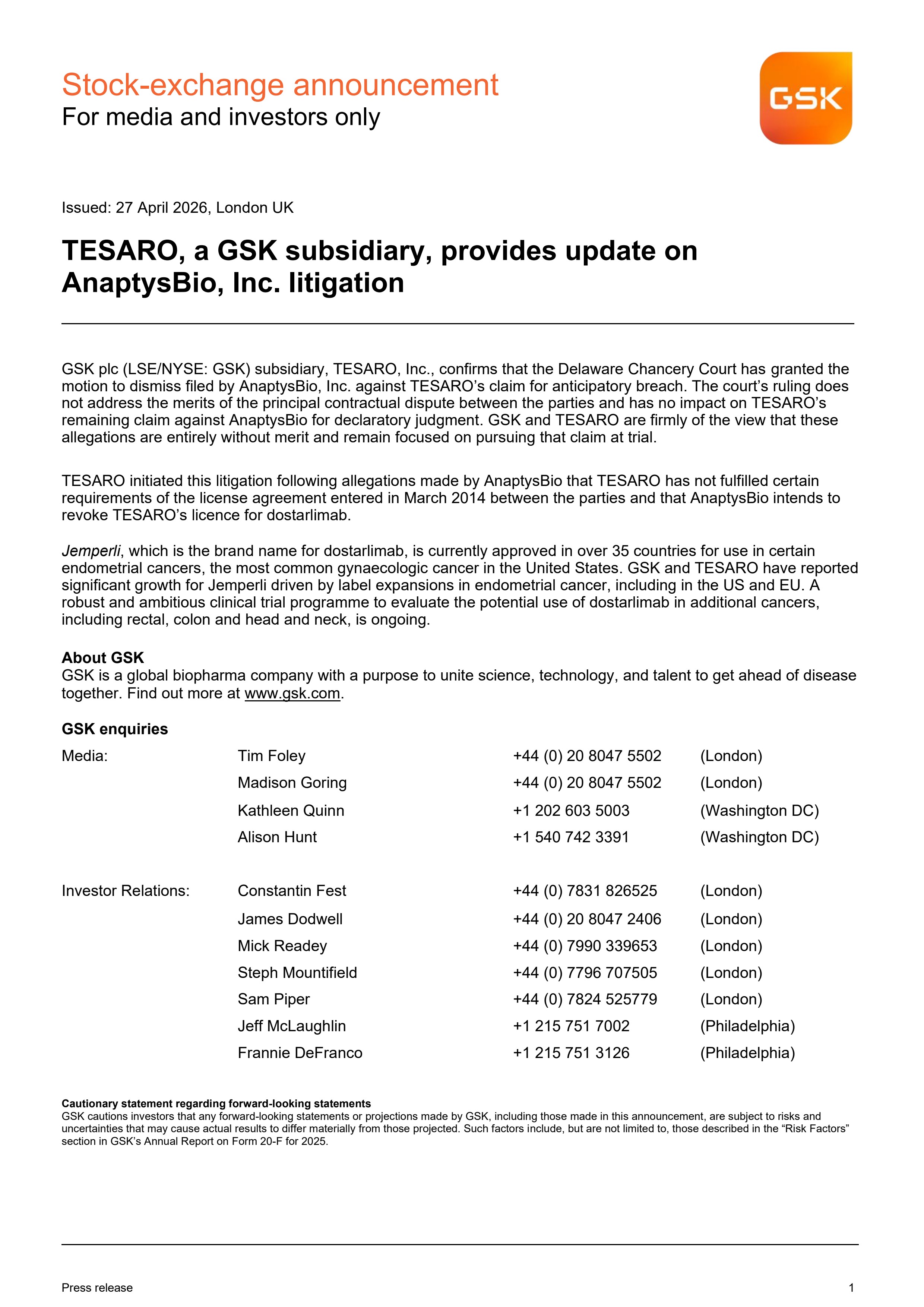 Press Release TESARO A GSK Subsidiary Provides Update On Anaptysbio Inc. Litigation
