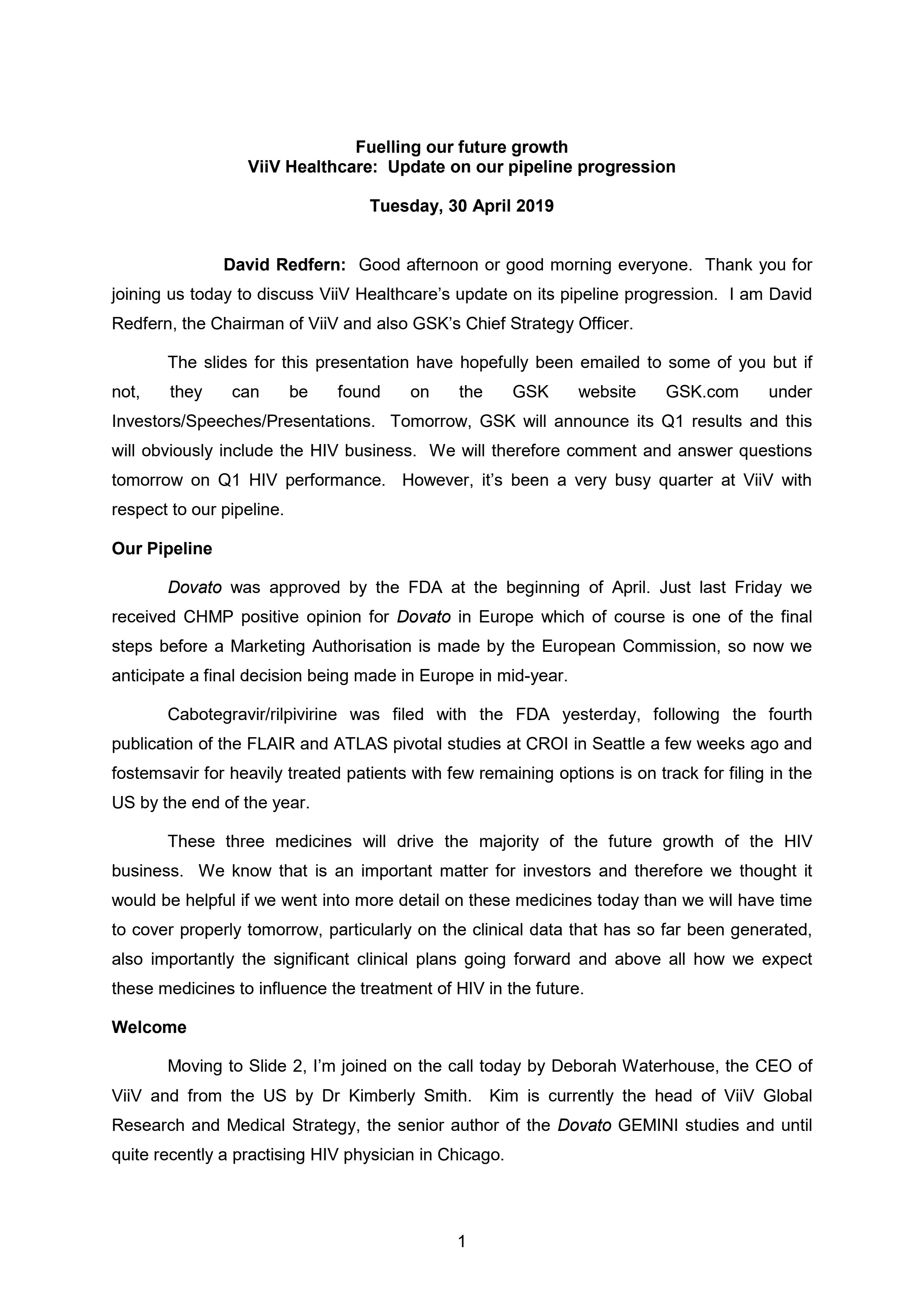 Gsk Viiv Healthcare Ir Call 30 April 2019