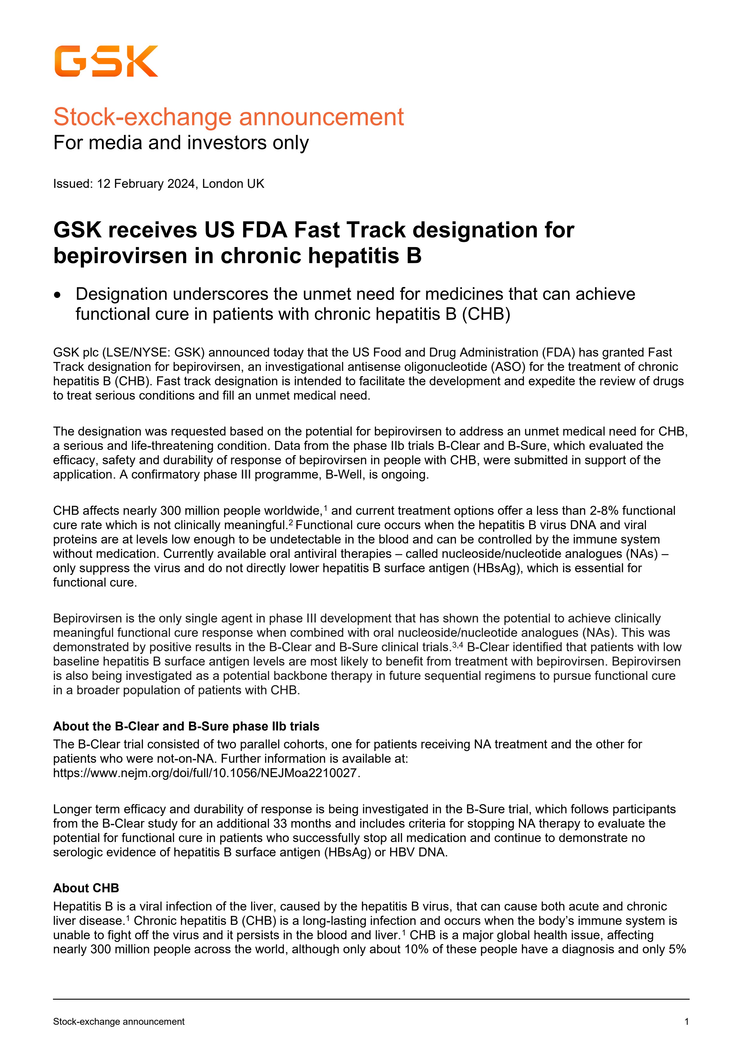 GSK Receives US FDA Fast Track Designation For Bepirovirsen Press Release