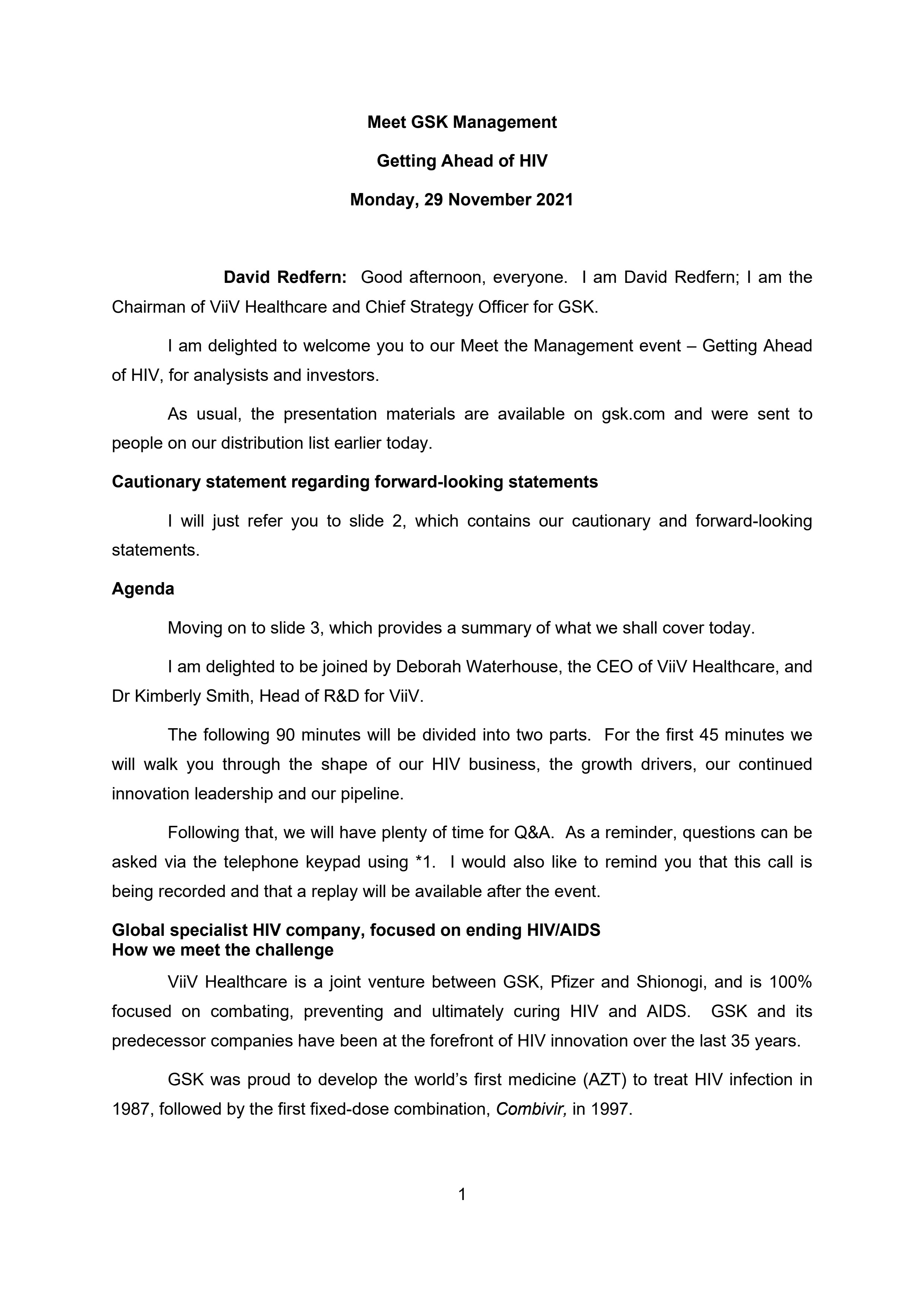 Gsk Hiv Event Transcript 29Nov21