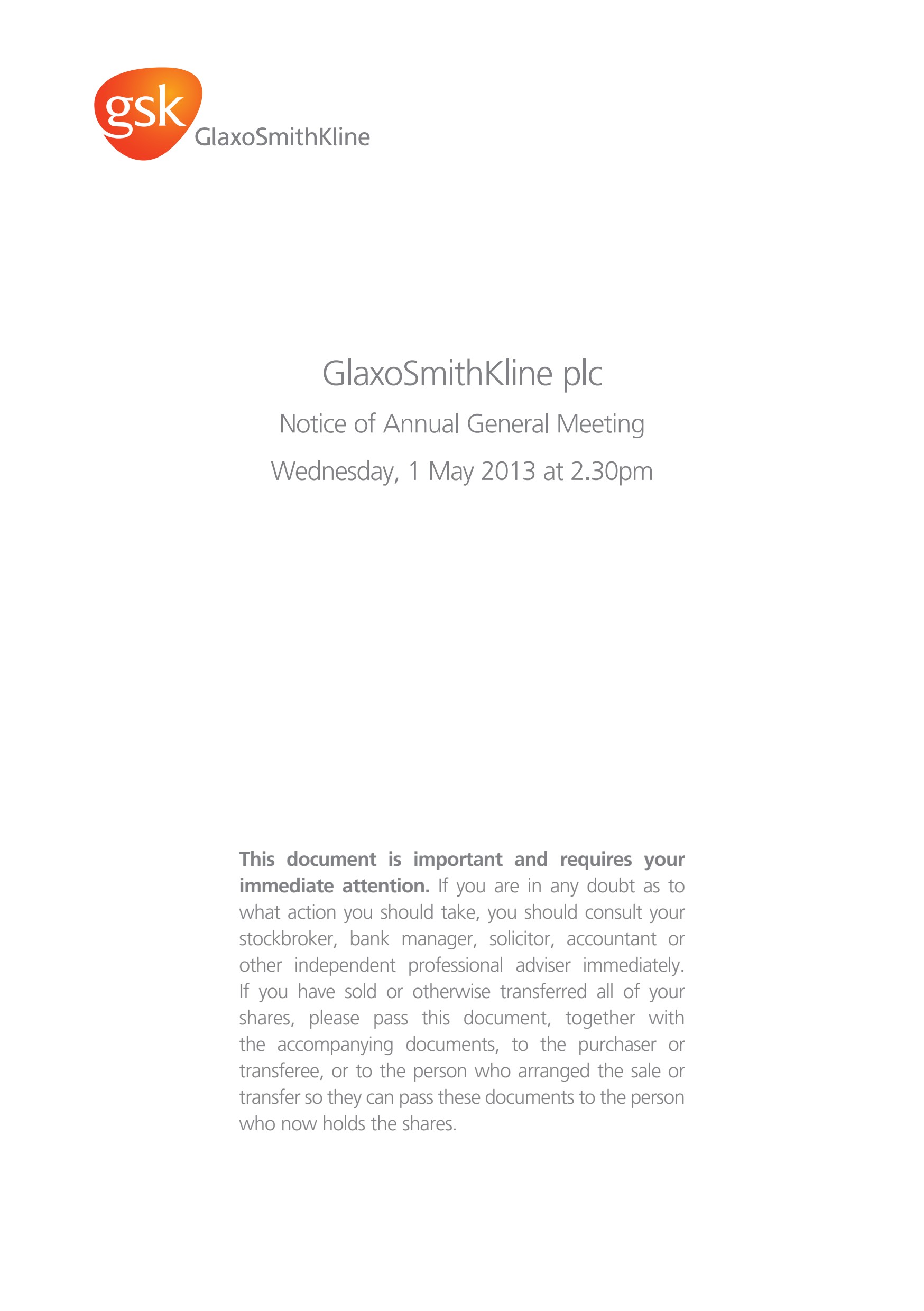 GSK AGM notice of meeting 2013