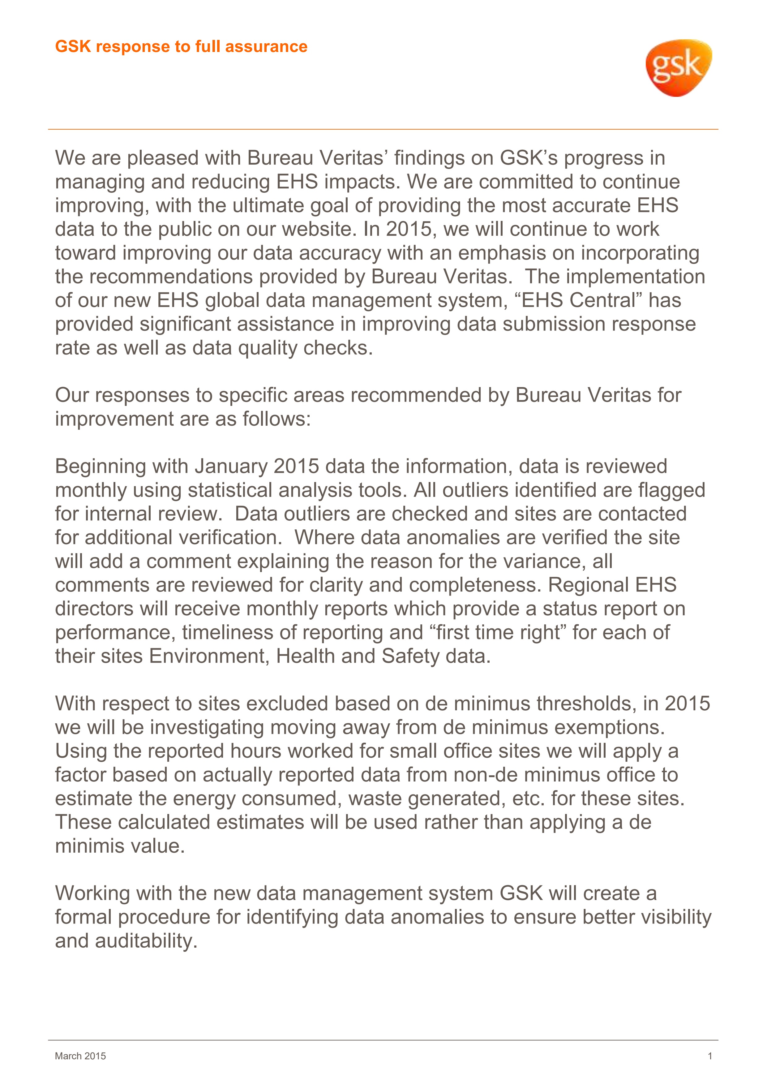 GSK response to assurance 2014