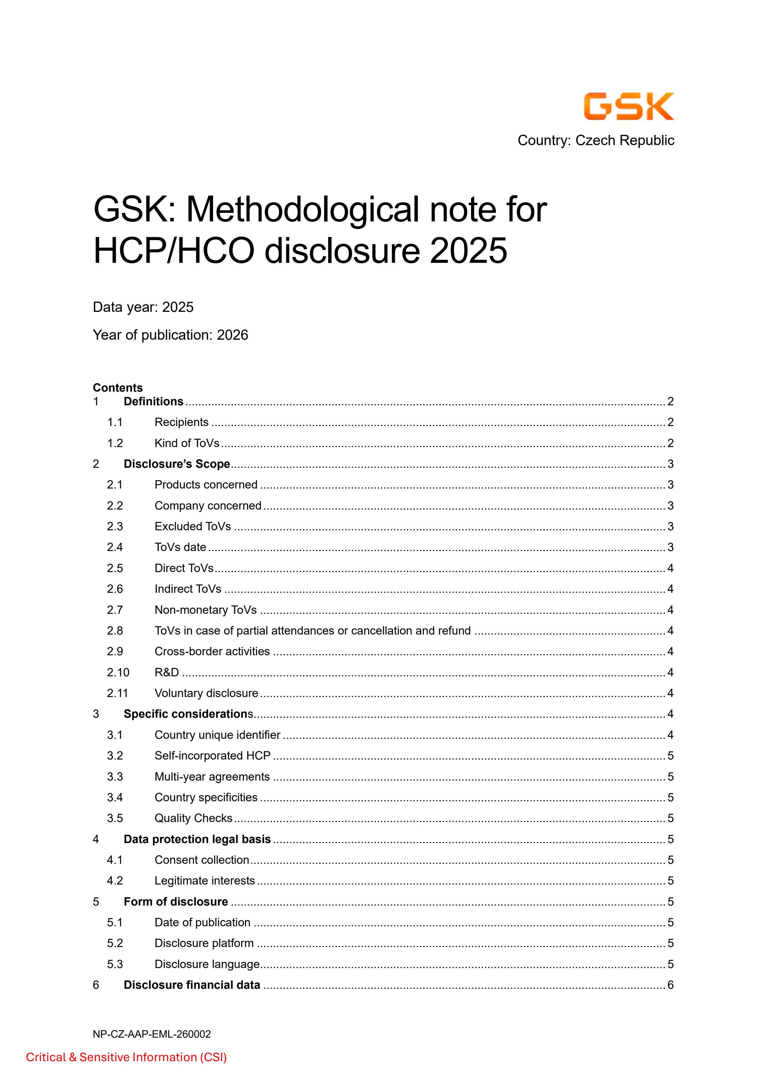 GSK CZ 2025 EFPIA HCPO Methodological Note ENGLISH
