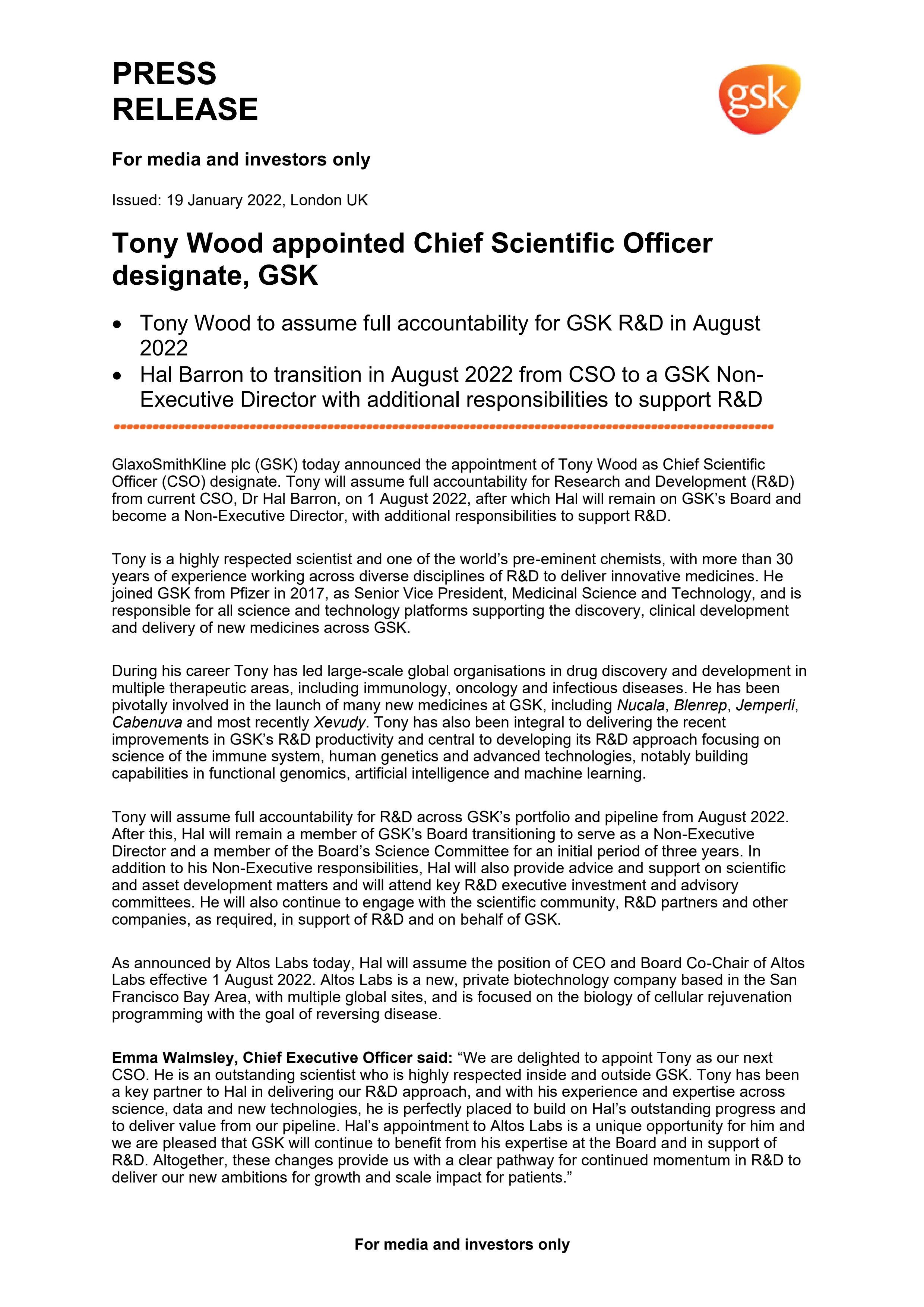 Press Release Tony Wood Appointed Chief Scientific Officer Designate, GSK