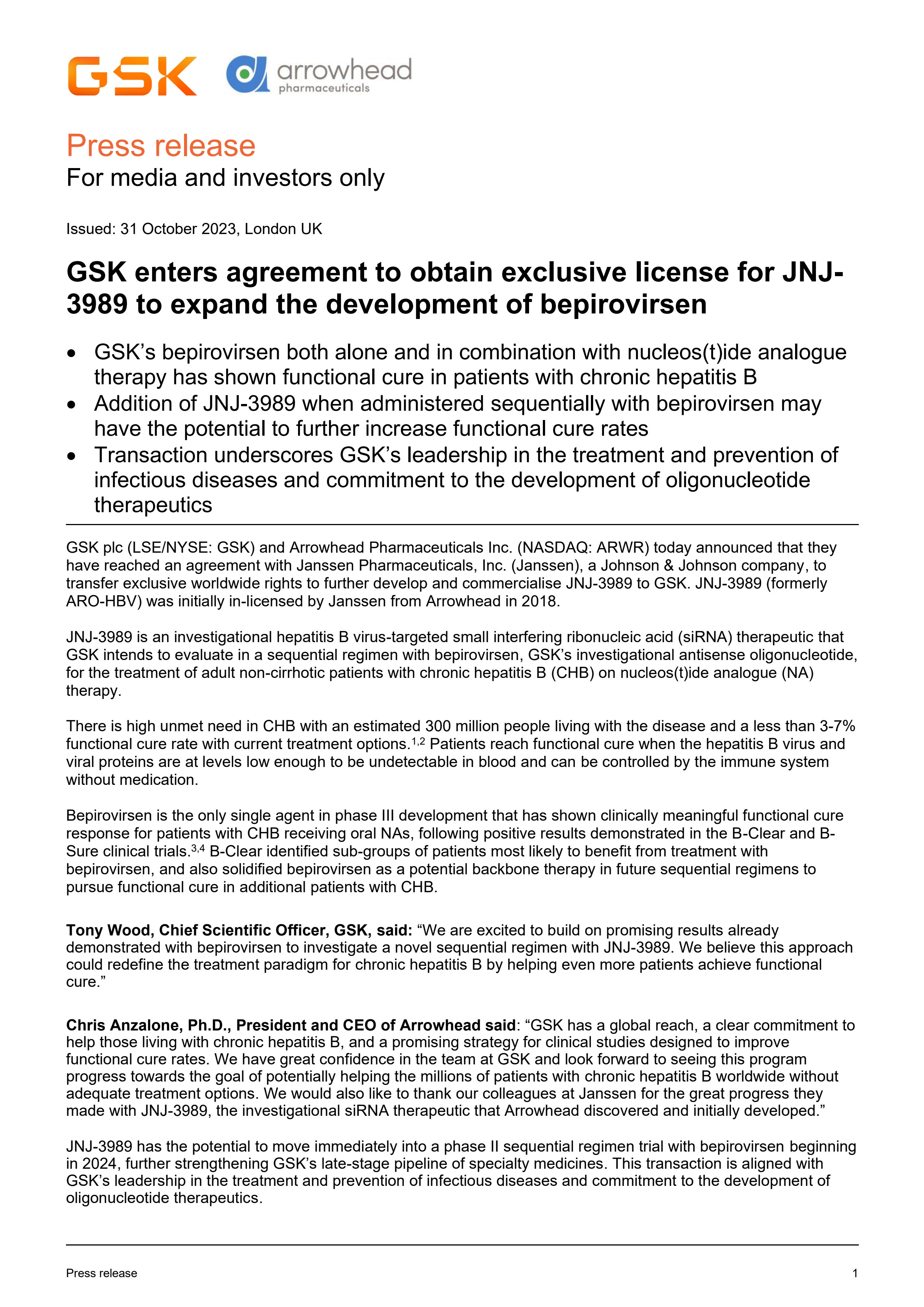 Press Release Agreement To Obtain Exclusive License For JNJ 3989 31 Oct 2023