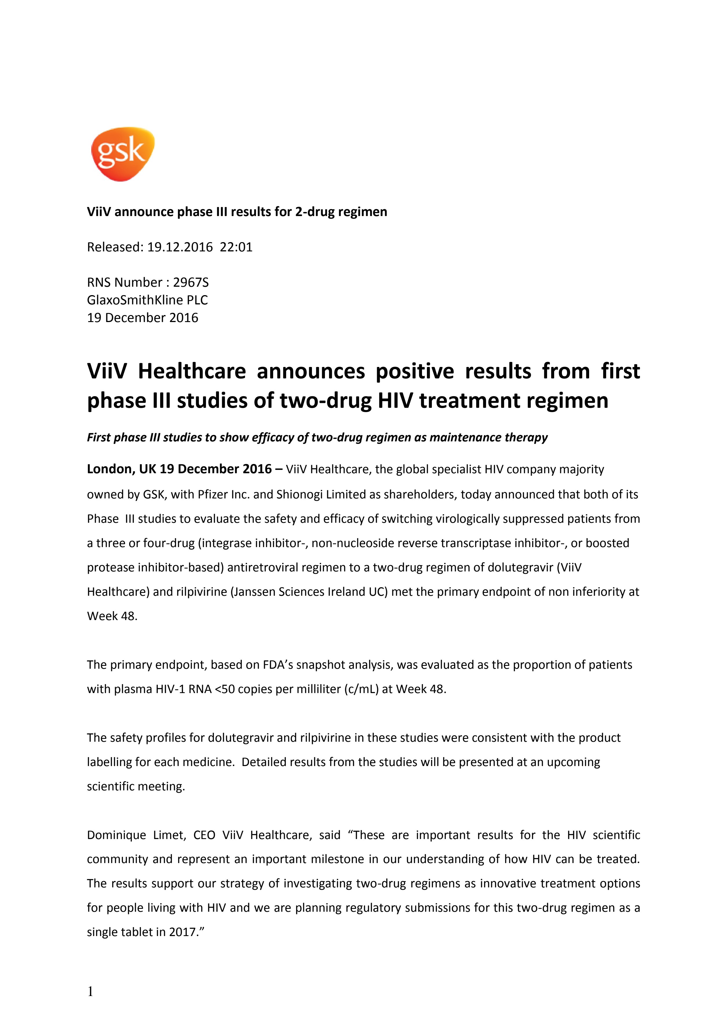 Viiv Announce Phase Iii Results For 2 Drug Regimen