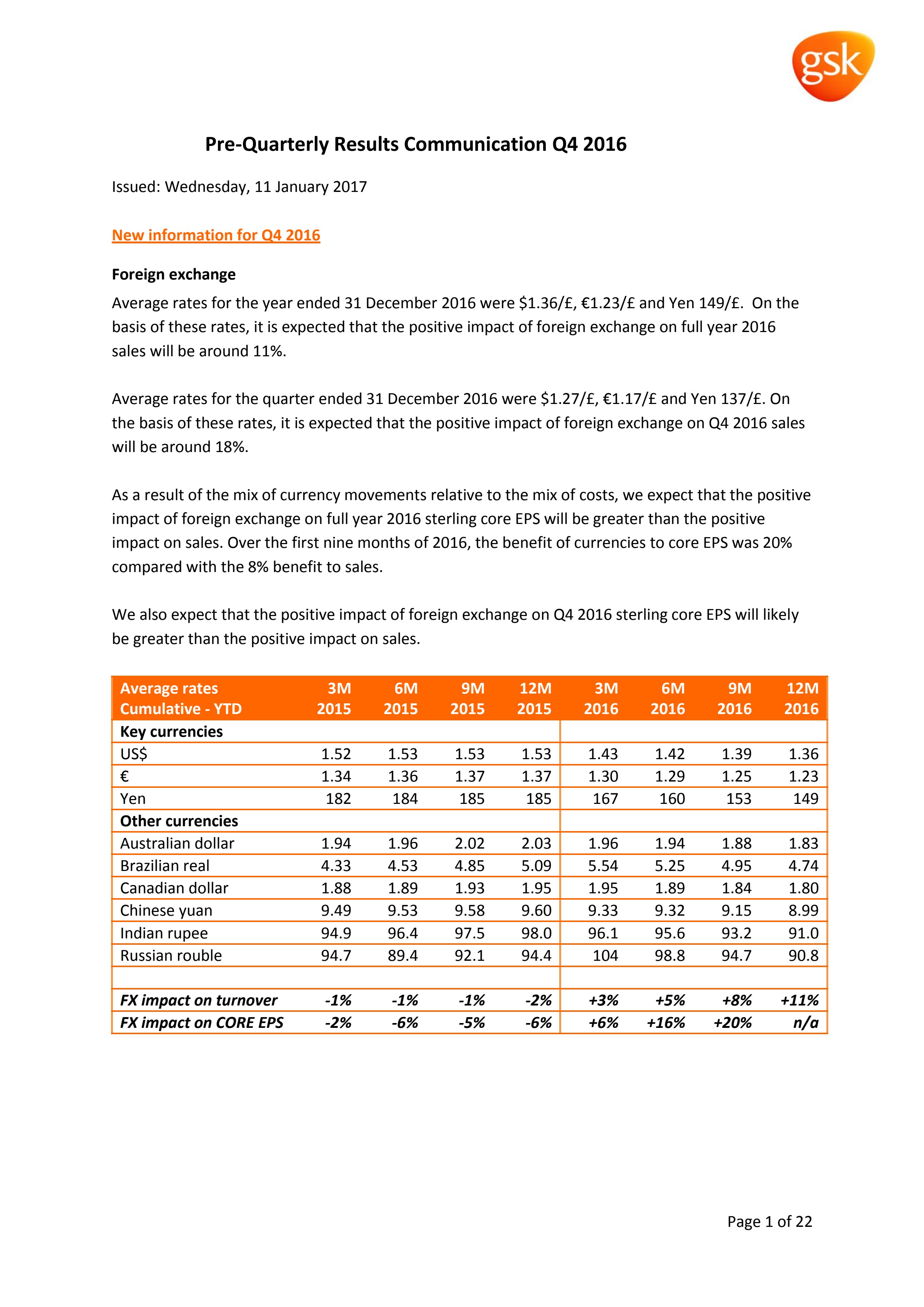 Q4 2016 pre announcement aide memoire