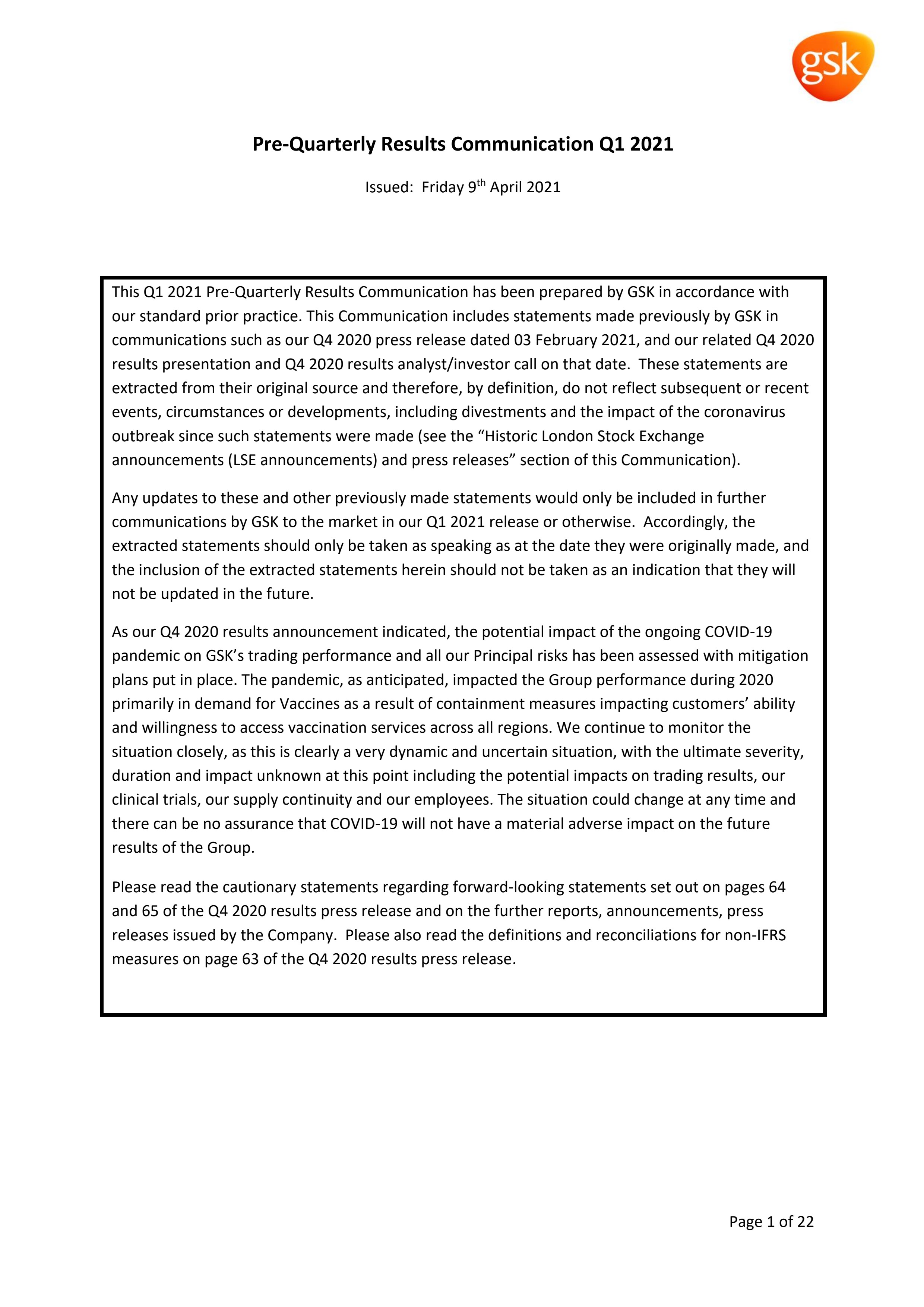 Q1 2021 pre announcement aide memoire