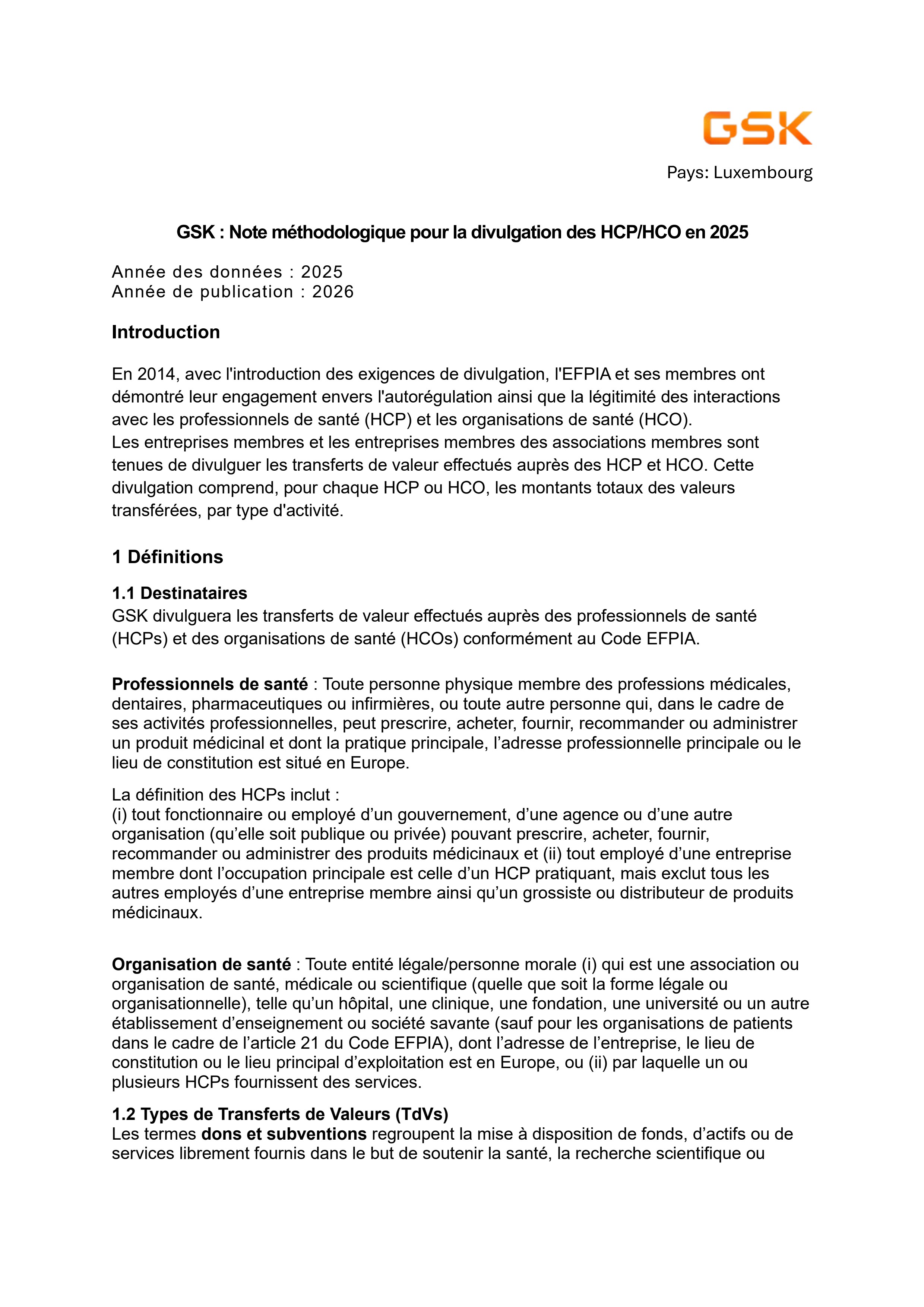 GSK LU 2025 EFPIA HCPO Methodological Note FRANCAIS