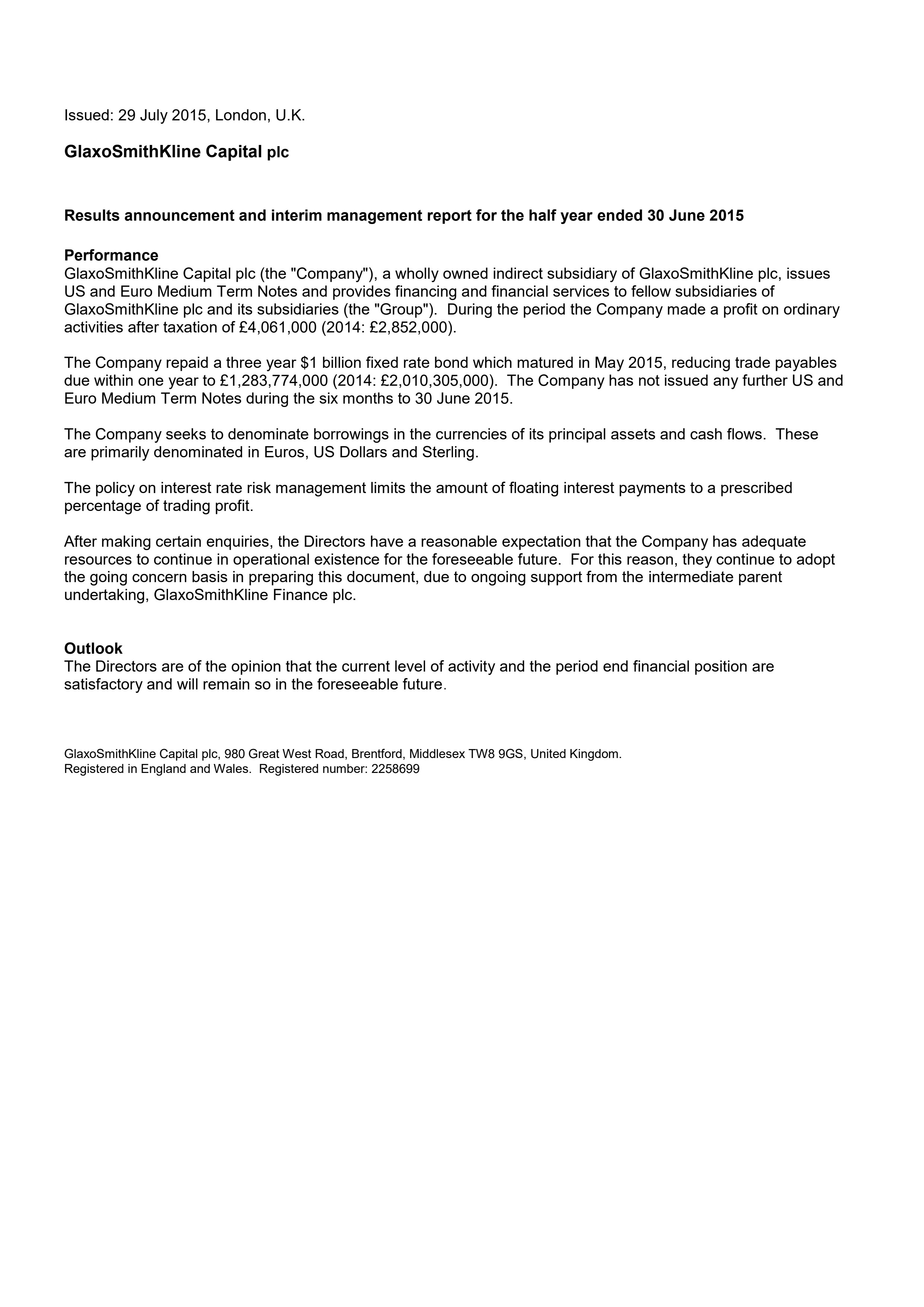 Half Year Results Glaxosmithkline Capital Plc 2015