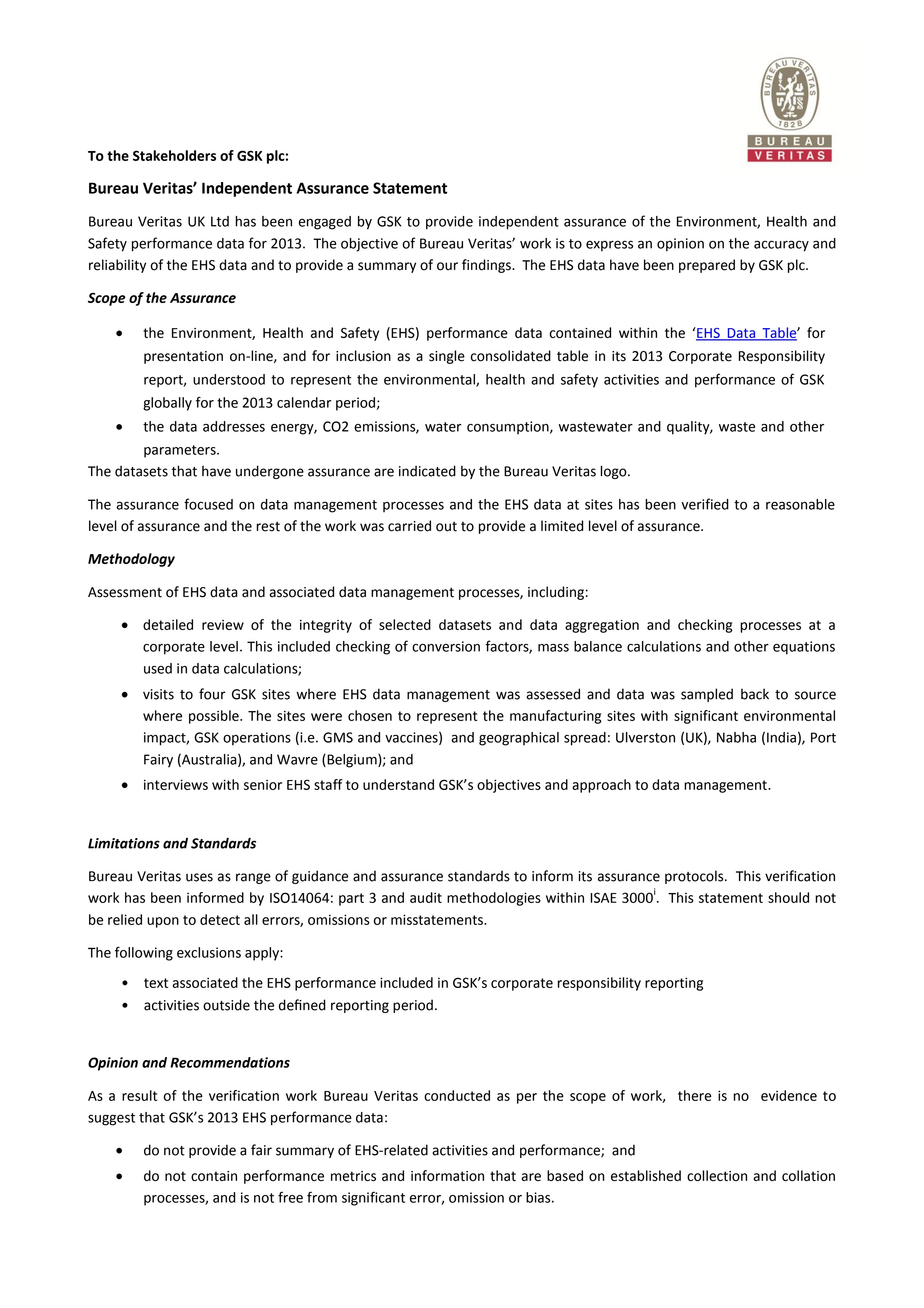 Assurance Statement 2013