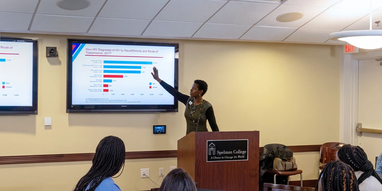 Zandraetta pointing to a projector, addressing a room of women