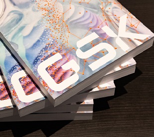 Stack of reports, slightly spread out, with GSK on front cover