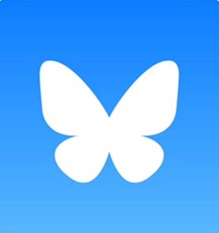 Bluesky logo, white butterfly on blue gradient background