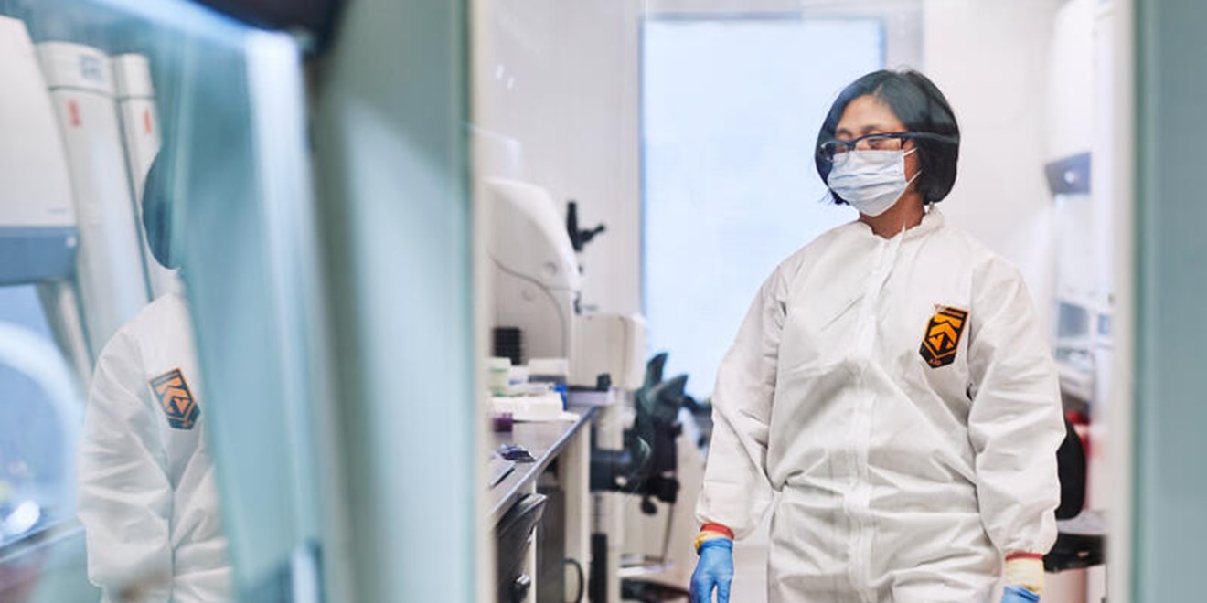 Woman working in a lab in Branford, Connecticut.