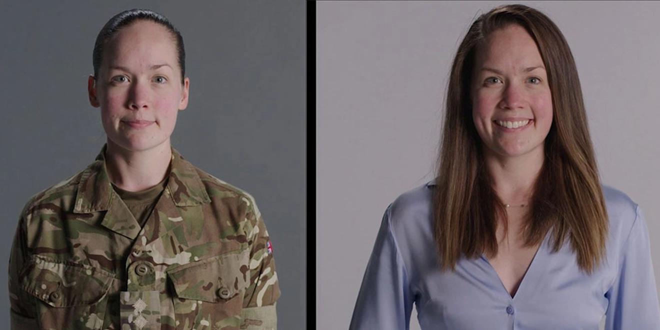 Women in military uniform next to woman in office attire