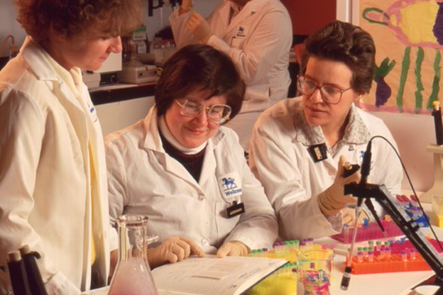 Marty St. Clair (right) with two colleagues in the antiviral lab, 1992