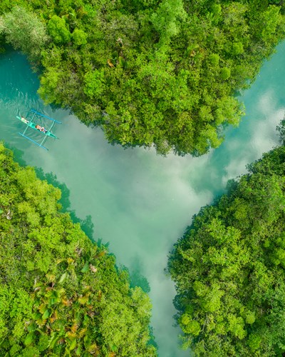Teal-coloured river running across a tropical forest