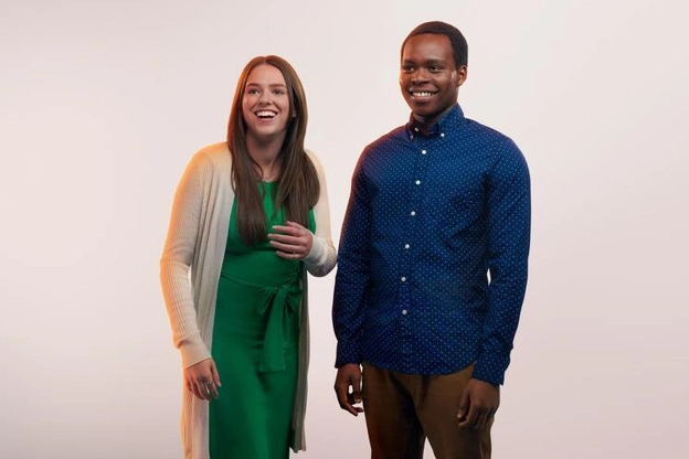smiling man and woman on white background