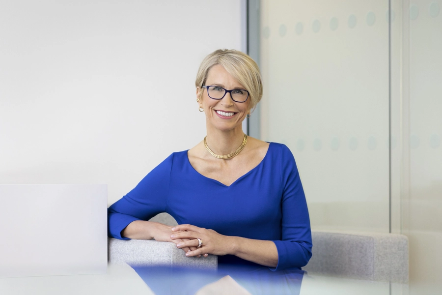 Emma Walmsley in a blue dress