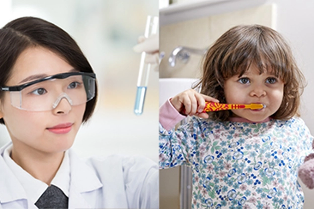 scientist and kid brushing her teeth
