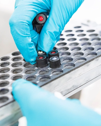 scientist with blue gloves placing testing tubes on a rack