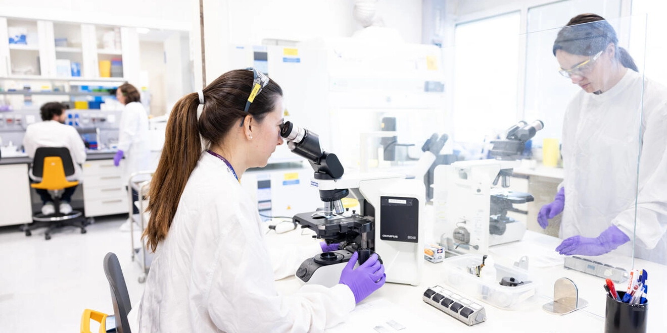 Scientist looking through a microscope