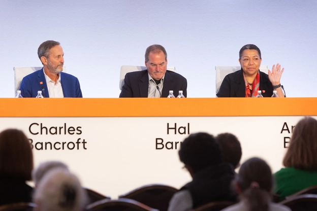 GSK Board members, Charles Bancroft, Hal Barron, Anne Beal on stage at AGM
